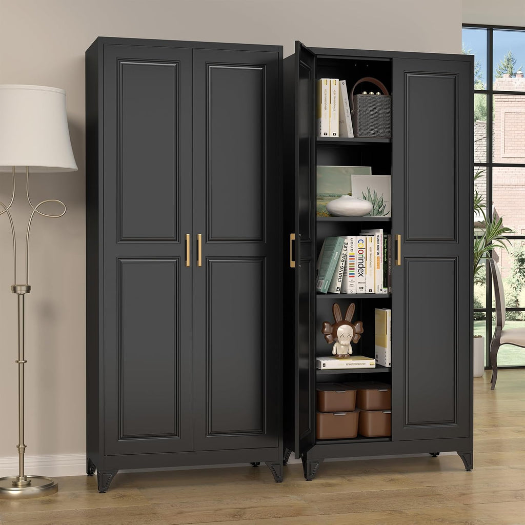 SteeLoong Kitchen Pantry Cabinet,75'Black Metal Storage Cabinets with Doors and 4 Adjustable Shelves,Kitchen Cabinet with 2 Gold Handles,Tall Cabinet for Livingroom, Bathroom