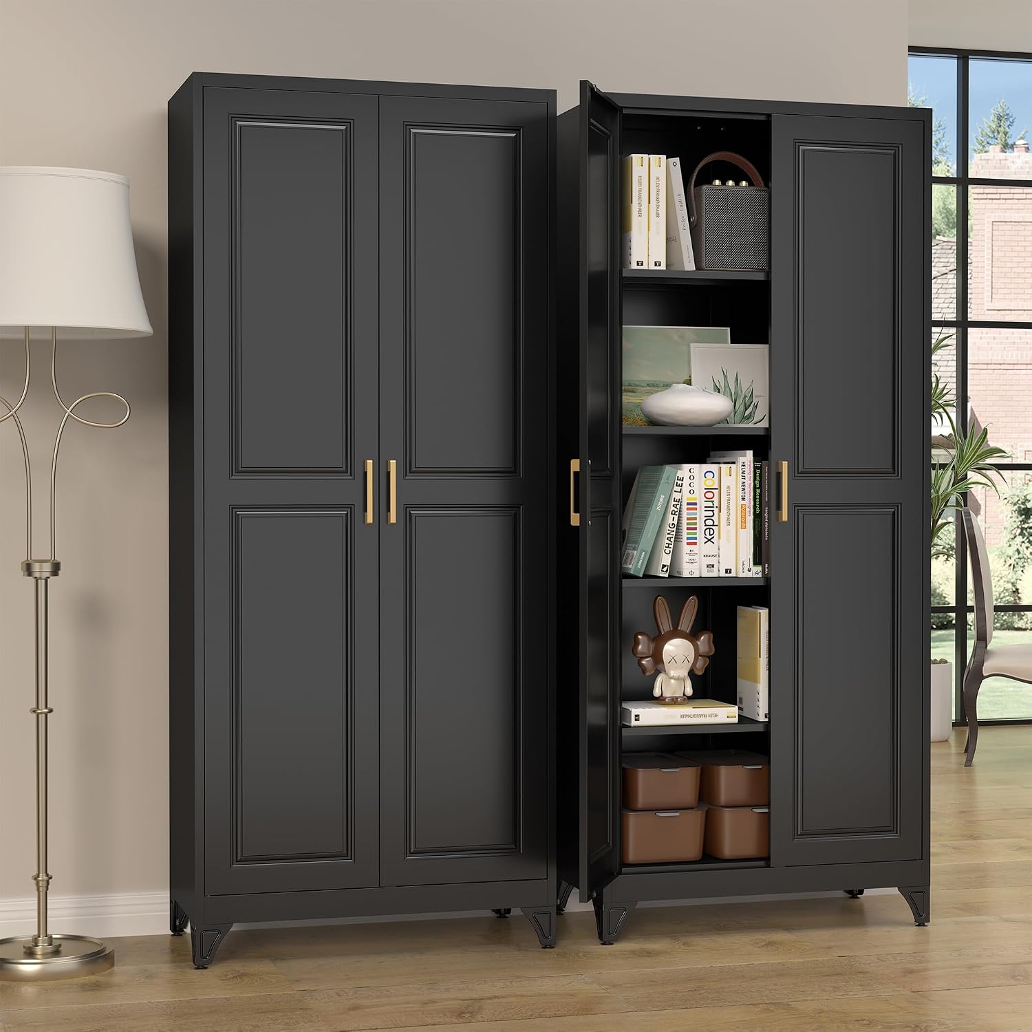 SteeLoong Kitchen Pantry Cabinet,75'Black Metal Storage Cabinets with Doors and 4 Adjustable Shelves,Kitchen Cabinet with 2 Gold Handles,Tall Cabinet for Livingroom, Bathroom