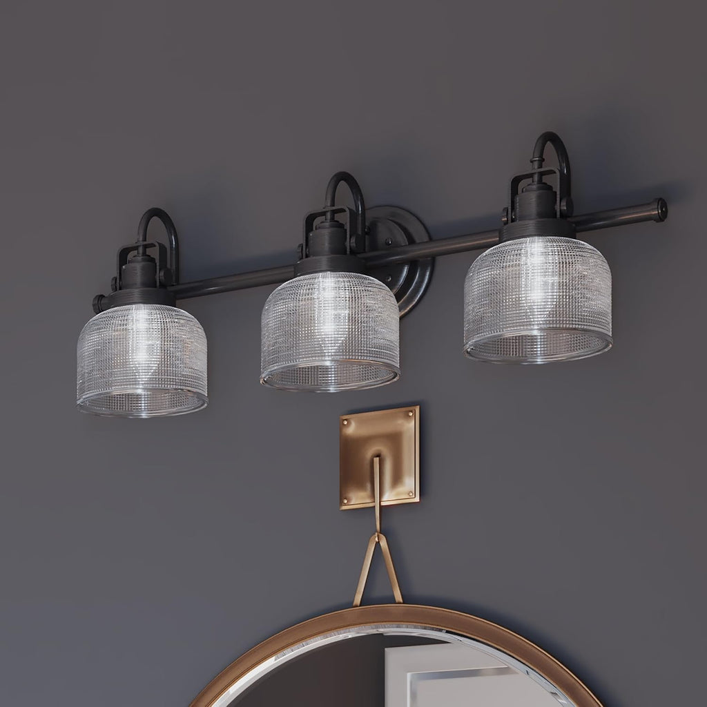 Progress Lighting 3-Light Clear Double Prismatic Glass Coastal Bath Vanity, Archie Collection, Venetian Bronze, P2992-74