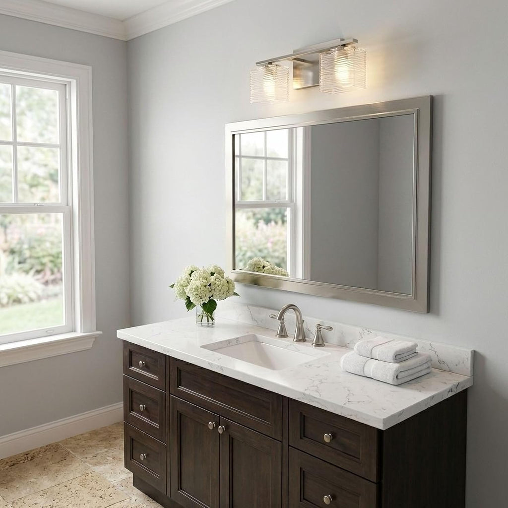 Quoizel Westcap Modern Vanity Lights, 2-Light, 15 Inch Brushed Nickel Bathroom Lighting Fixtures Over Mirror, Sandblasted Glass, G9 Bulb, Transitional Wall Light for Bathrooms, Kitchen or Hallway