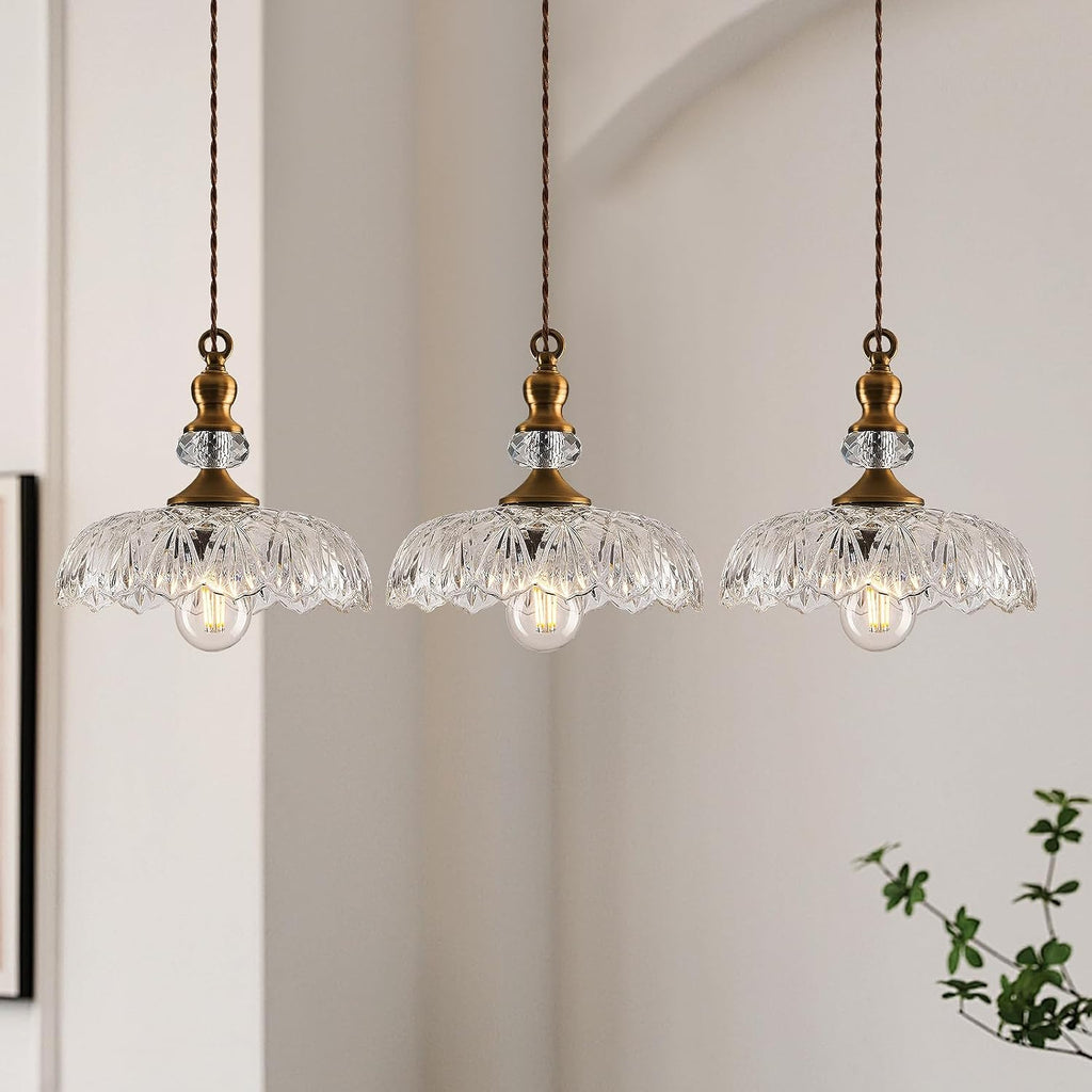 CVKASH Vintage Glass Pendant Light Fixture 3-Pack Brass Modern Adjustable Chandelier Farmhouse Hanging Ceiling Light for Hallway Porch Kitchen Bedroom Coffee Shop Dining Room