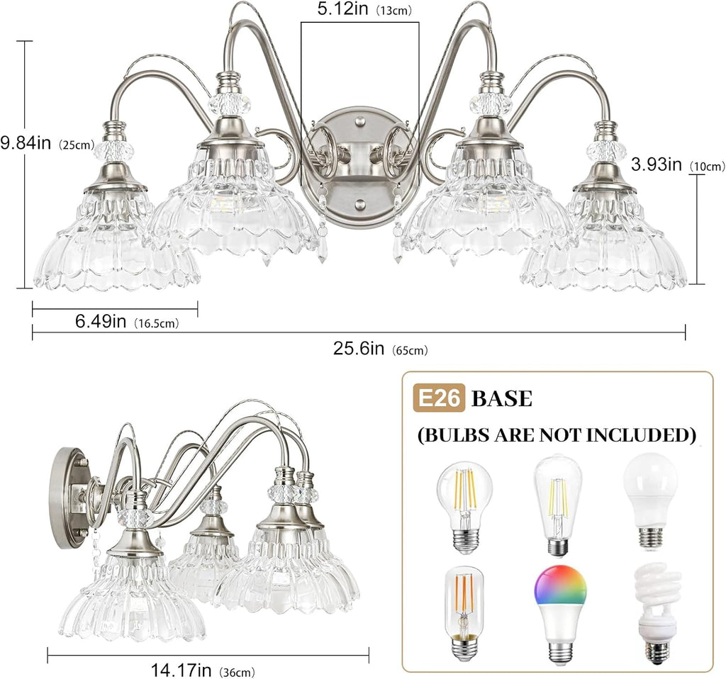 Brushed Nickel Bathroom Vanity Light, 4-Light Nickel Finish Wall Sconce with Hanging Crystal Accents and Flower-Shaped Clear Glass Shades, Modern Wall Mount Vanity Light Over Mirror for Bathroom