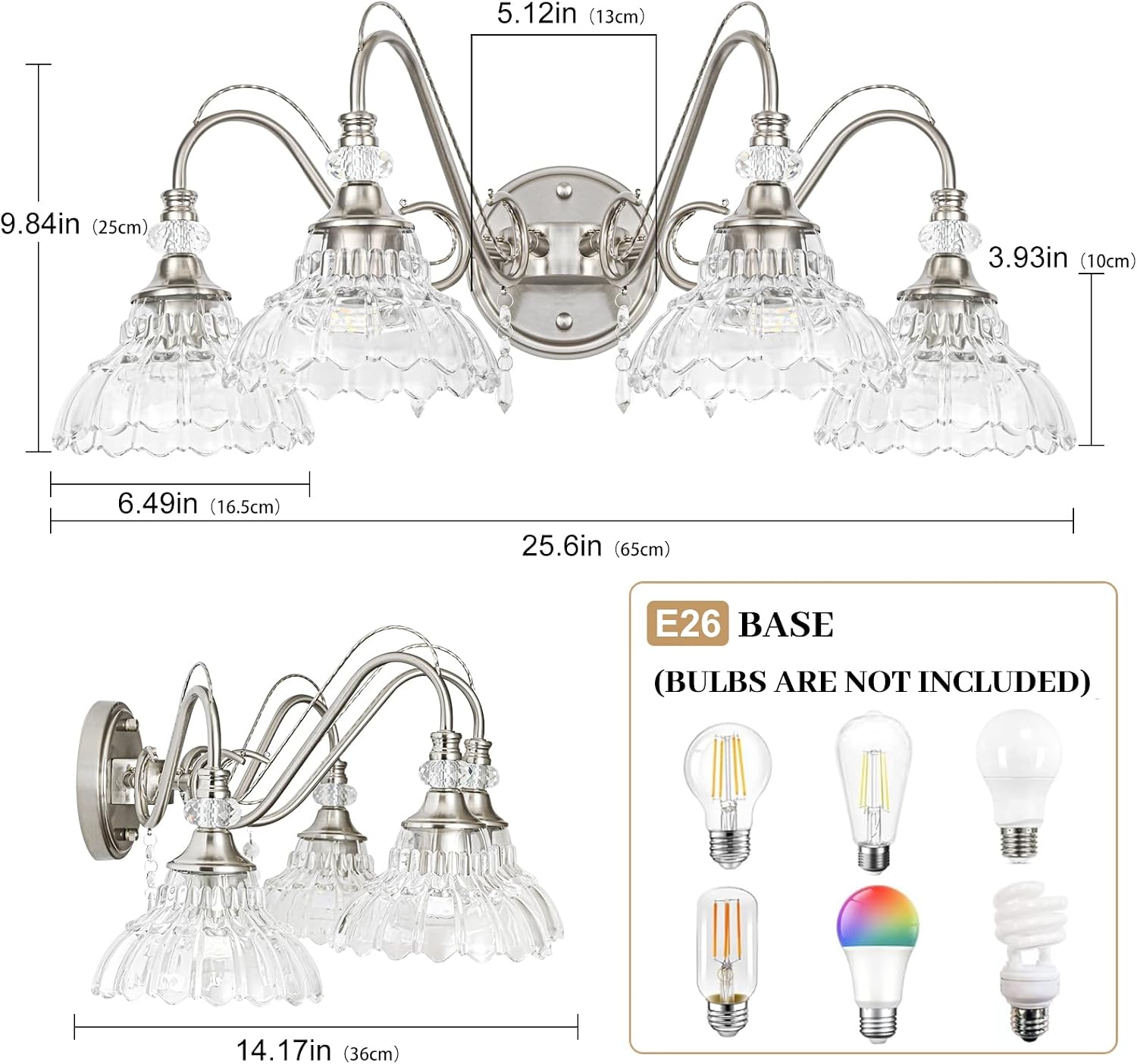 Brushed Nickel Bathroom Vanity Light, 4-Light Nickel Finish Wall Sconce with Hanging Crystal Accents and Flower-Shaped Clear Glass Shades, Modern Wall Mount Vanity Light Over Mirror for Bathroom