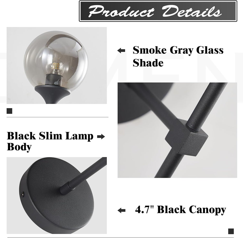KCO Lighting 1-Light Matte Black Mid Century Wall Sconce Set of Two Modern Bathroom Vanity Globe Wall Light Set of 2 Vintage Smoke Gray Glass Wall Bedroom Wall Lamp