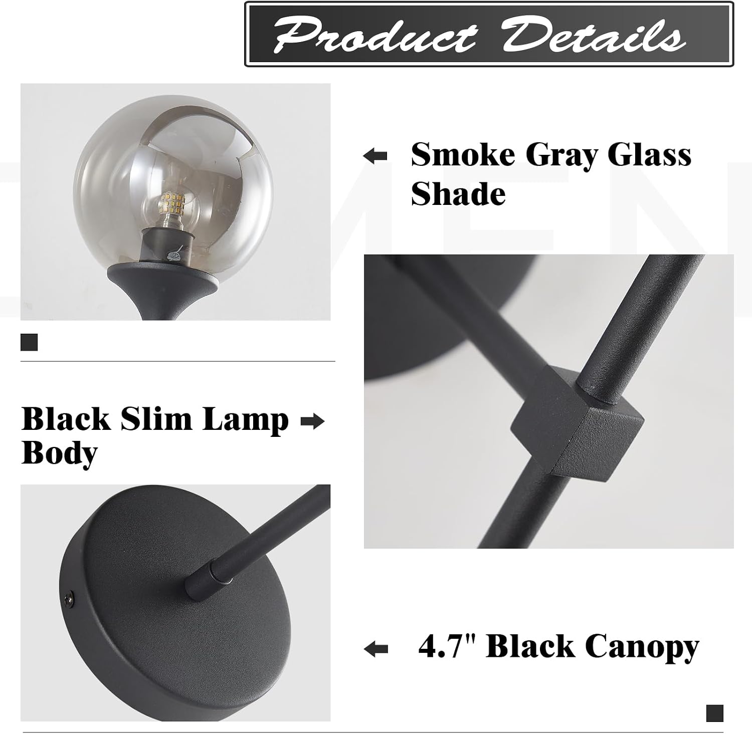 KCO Lighting 1-Light Matte Black Mid Century Wall Sconce Set of Two Modern Bathroom Vanity Globe Wall Light Set of 2 Vintage Smoke Gray Glass Wall Bedroom Wall Lamp