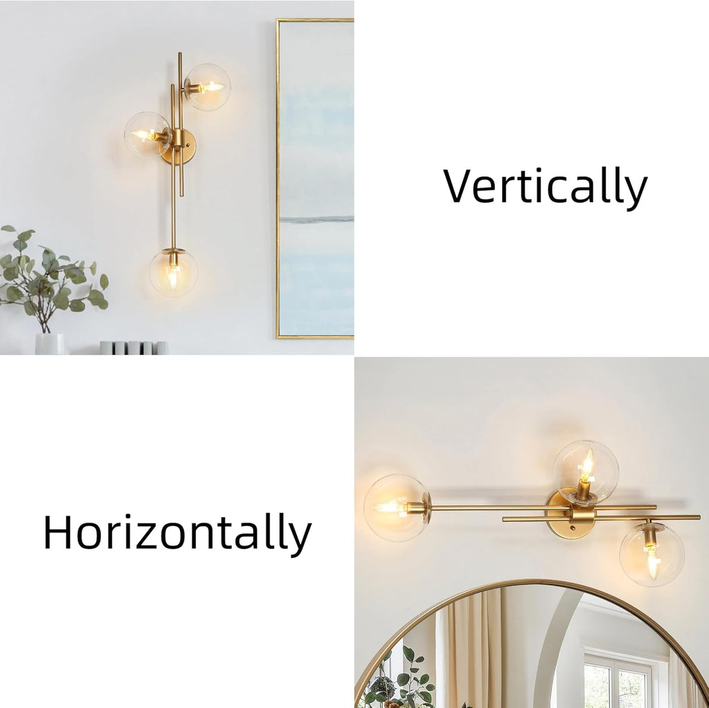 KSANA Gold Sconces Wall Lighting, Modern 3-Light Bathroom Vanity Light Fixtures with Globe Clear Glass Shade Over Mirror or Beside for Hallway, Bedroom, Living Room and Kitchen