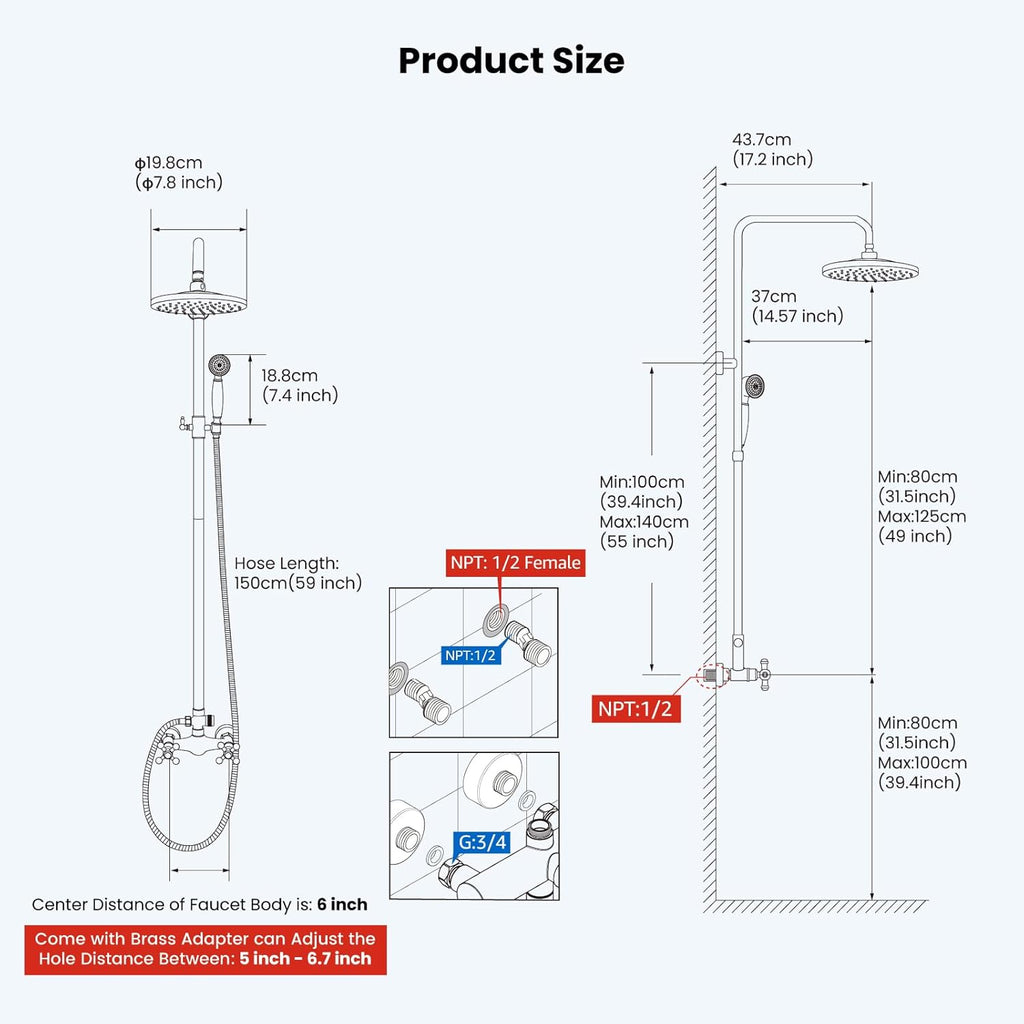 gotonovo Exposed Bathroom Shower Faucet Set Shower Fixture 8 Inch Rainfall Shower Head Handheld Shower Cross Handle Wall Mount 2 Functions Antique Brass