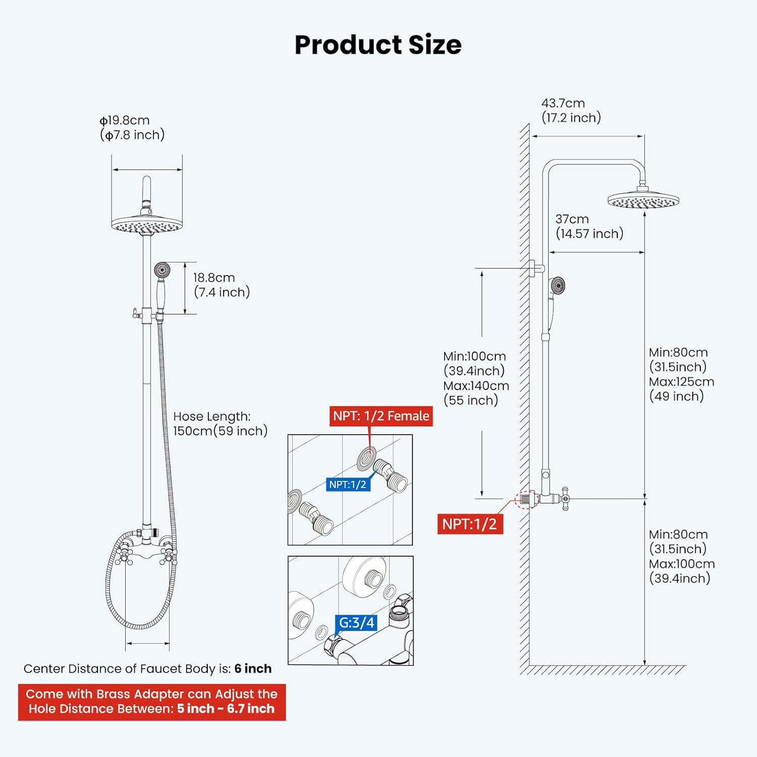 gotonovo Exposed Bathroom Shower Faucet Set Shower Fixture 8 Inch Rainfall Shower Head Handheld Shower Cross Handle Wall Mount 2 Functions Antique Brass
