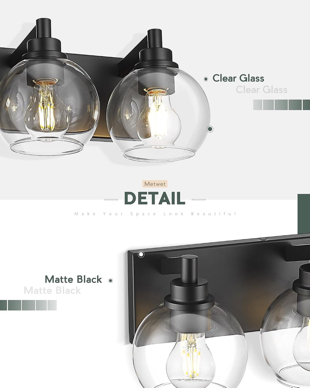 Bathroom Light Fixtures, 5 Light Matte Black Vanity Light, 32 Inch Modern Wall Sconces with Globe Clear Glass Shade, Vanity Lighting Fixtures Over Mirror, VL195-MB-CL-5