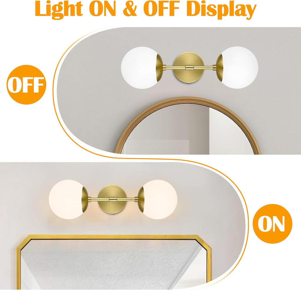 KoKo&Yukina 2 Pack Gold Vanity Light Fixtures Mid Century Modern Bathroom Vanity Light with Milky White Glass Globe Sconce Lights Fixture Vanity Lights for Bathroom (Bulb Include)