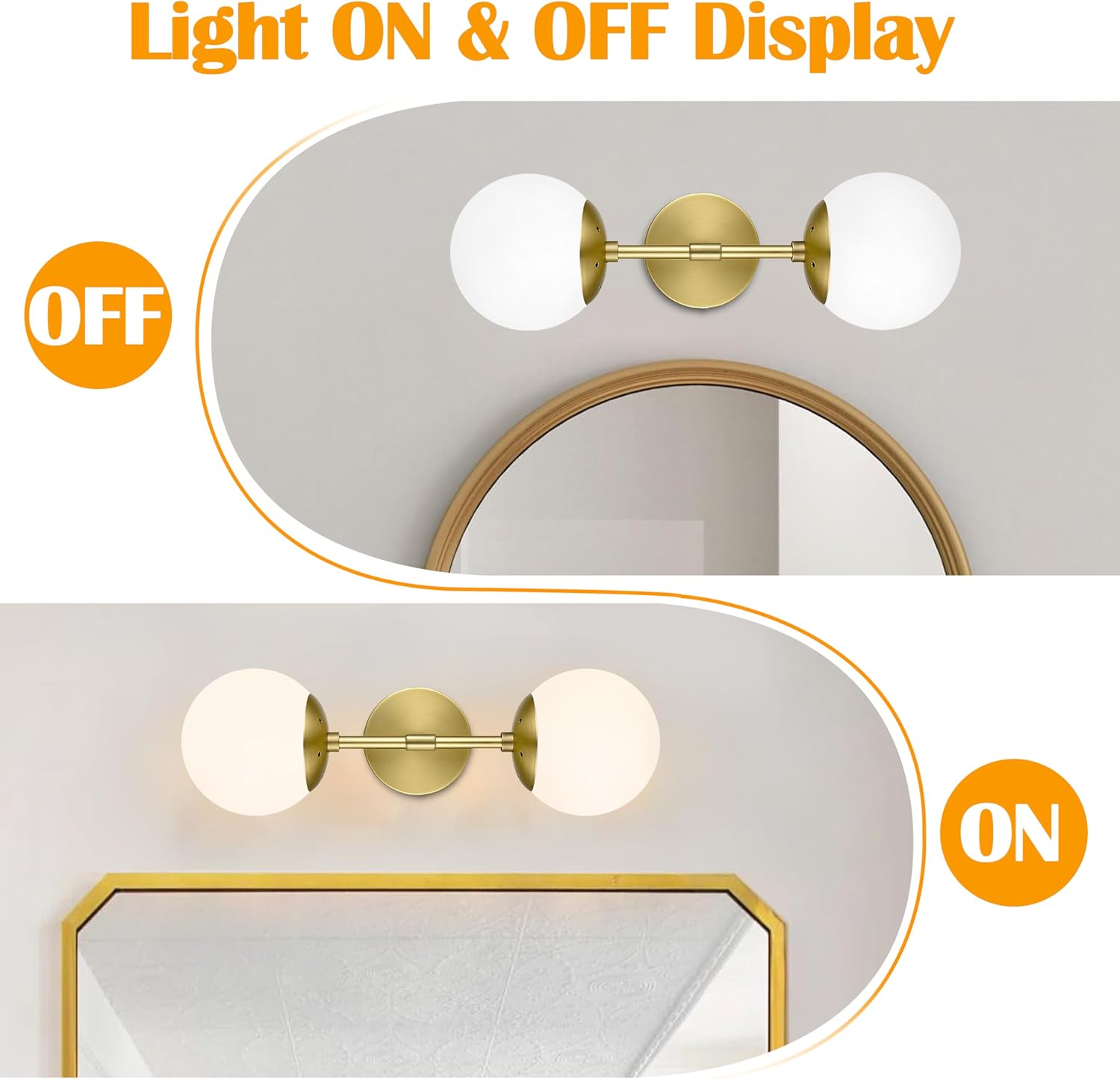 KoKo&Yukina 2 Pack Gold Vanity Light Fixtures Mid Century Modern Bathroom Vanity Light with Milky White Glass Globe Sconce Lights Fixture Vanity Lights for Bathroom (Bulb Include)