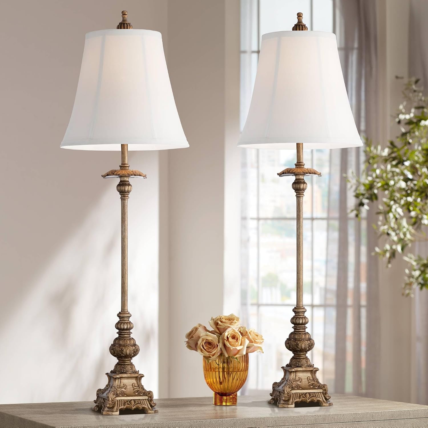 Regency Hill Juliette Traditional French Country Style Buffet Table Lamps 36.5' Tall Skinny Set of 2 Antique Gold Ornate Base White Fabric Bell Shade Decor for Living Room House Home Dining