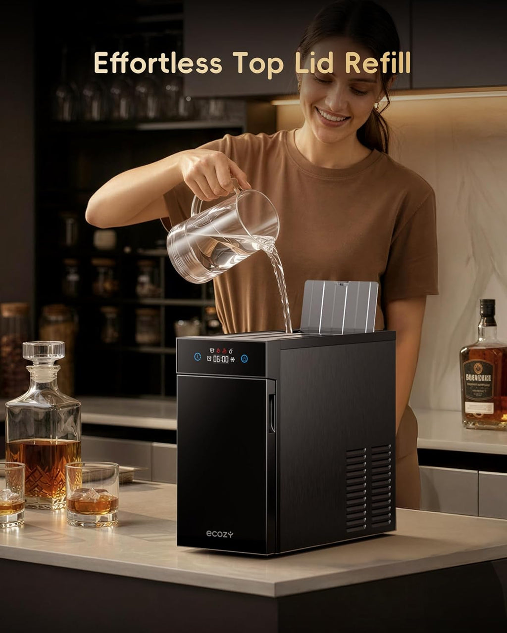 ecozy 2.1' Clear Ice Ball Maker Countertop with CrystalFlux Technology, Minimal Footprint Sphere Ice Maker with 8H Timer, 1 pc in 30 Mins, 48 pcs/Day, Self-Cleaning for Home Bar Whiskey & Bourbon