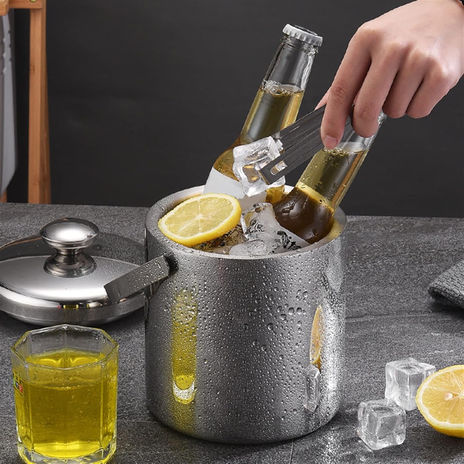 Ice Bucket Champagne Bucket 1.3L Ice Bucket With Lid And Filter Stainless Steel Ice Bucket Double Wall Ice Cube Container Bar Home Ice Bucket Ice Bucket Beverage Tub
