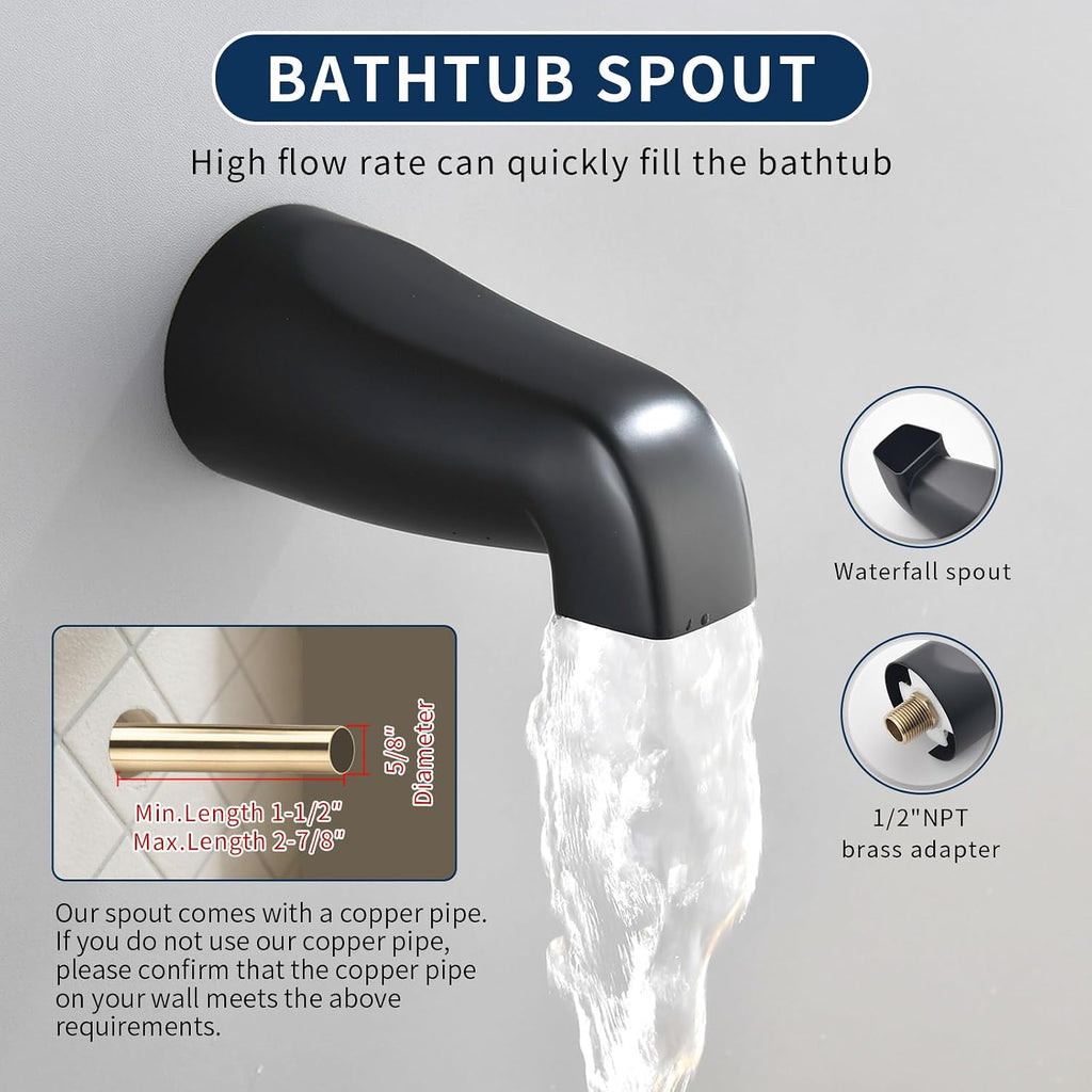 Matte Black 3 Handles Shower Faucet Set with Tub Spout Bathtub Shower Faucets Combo Set Shower System Complete Tub and Shower Trim Kit Shower Fixtures