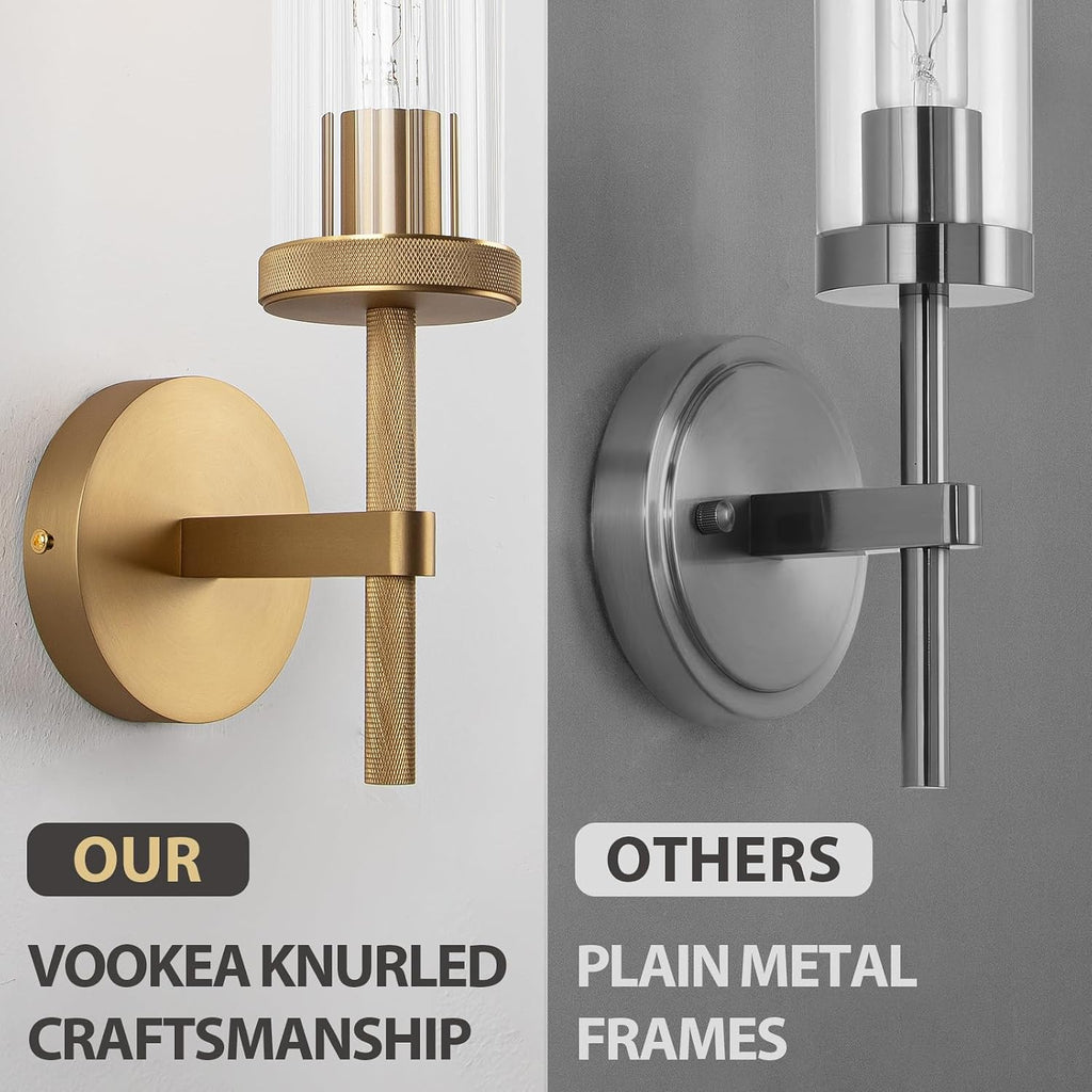 19.5' Knurled Gold Hardwired Wall Sconces Set of 2, Bathroom Vanity Light Fixtures with Vertical Striped Glass Tube, Modern Lamp Lighting for Bedroom, Living Room, Hallway, Staircase, Mirror, Kitchen