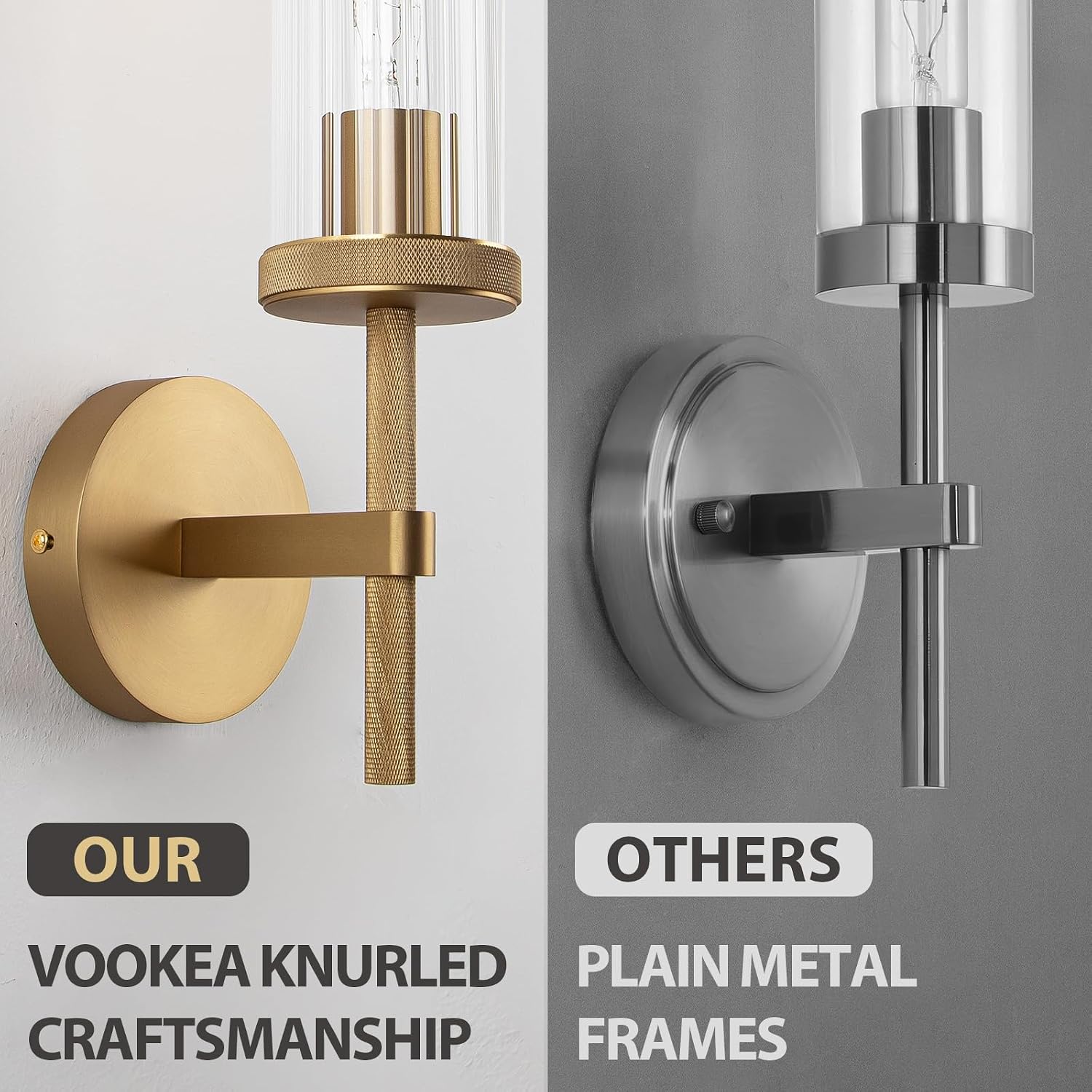 19.5' Knurled Gold Hardwired Wall Sconces Set of 2, Bathroom Vanity Light Fixtures with Vertical Striped Glass Tube, Modern Lamp Lighting for Bedroom, Living Room, Hallway, Staircase, Mirror, Kitchen