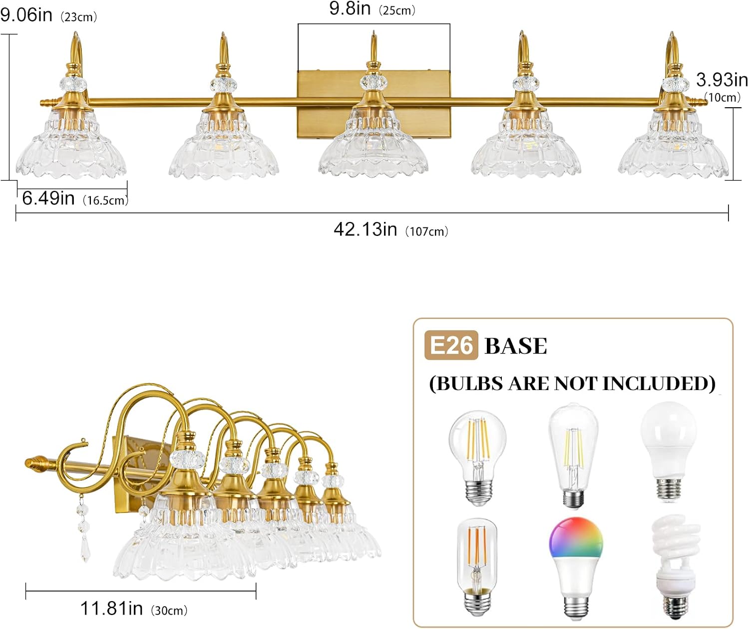 Vintage Bathroom Vanity Light, 5-Light Brushed Gold Finish Wall Sconce with Hanging Crystal Accents and Flower-Shaped Clear Glass Shades, Retro Wall Mount Vanity Light Over Mirror for Bathroom