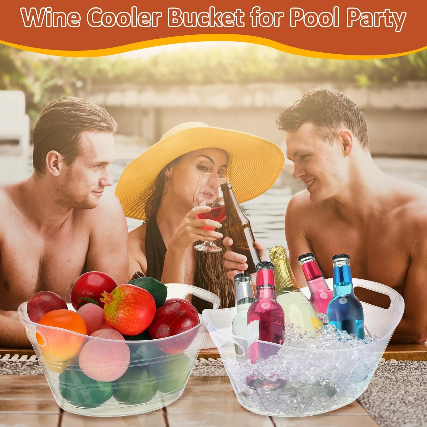 Norme 64 Pcs Oval Storage Tub with Handles, 4.5L Plastic Clear Ice Bucket Wine Beer Champagne Bottle Drink Cooler Tub for Christmas Parties Beverage, Storage Basket Gift
