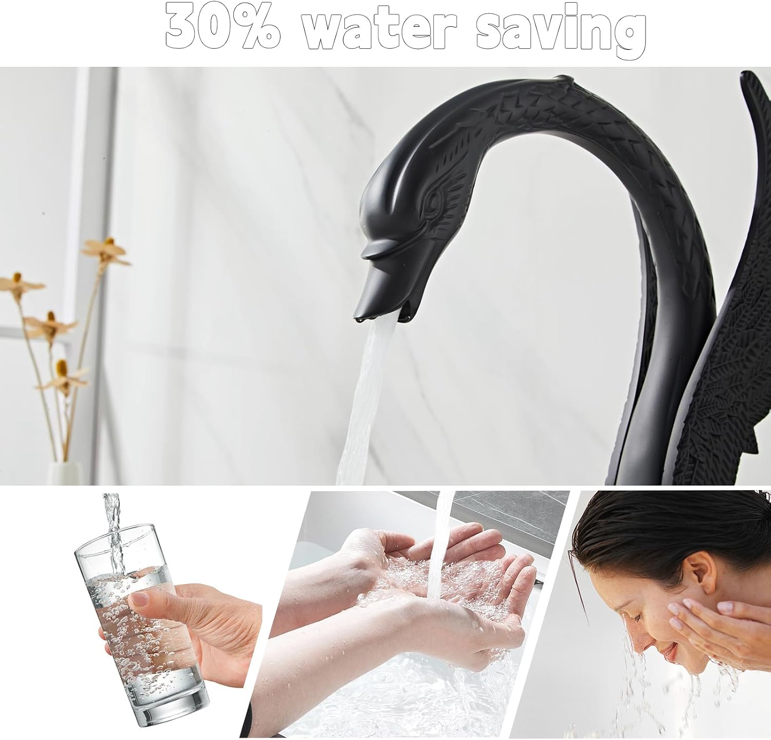 Golden Black Ornate Swan Style Bathroom Sink Faucet Combo Deck Mount Sink Mixer Tap Set Hot Cold Water