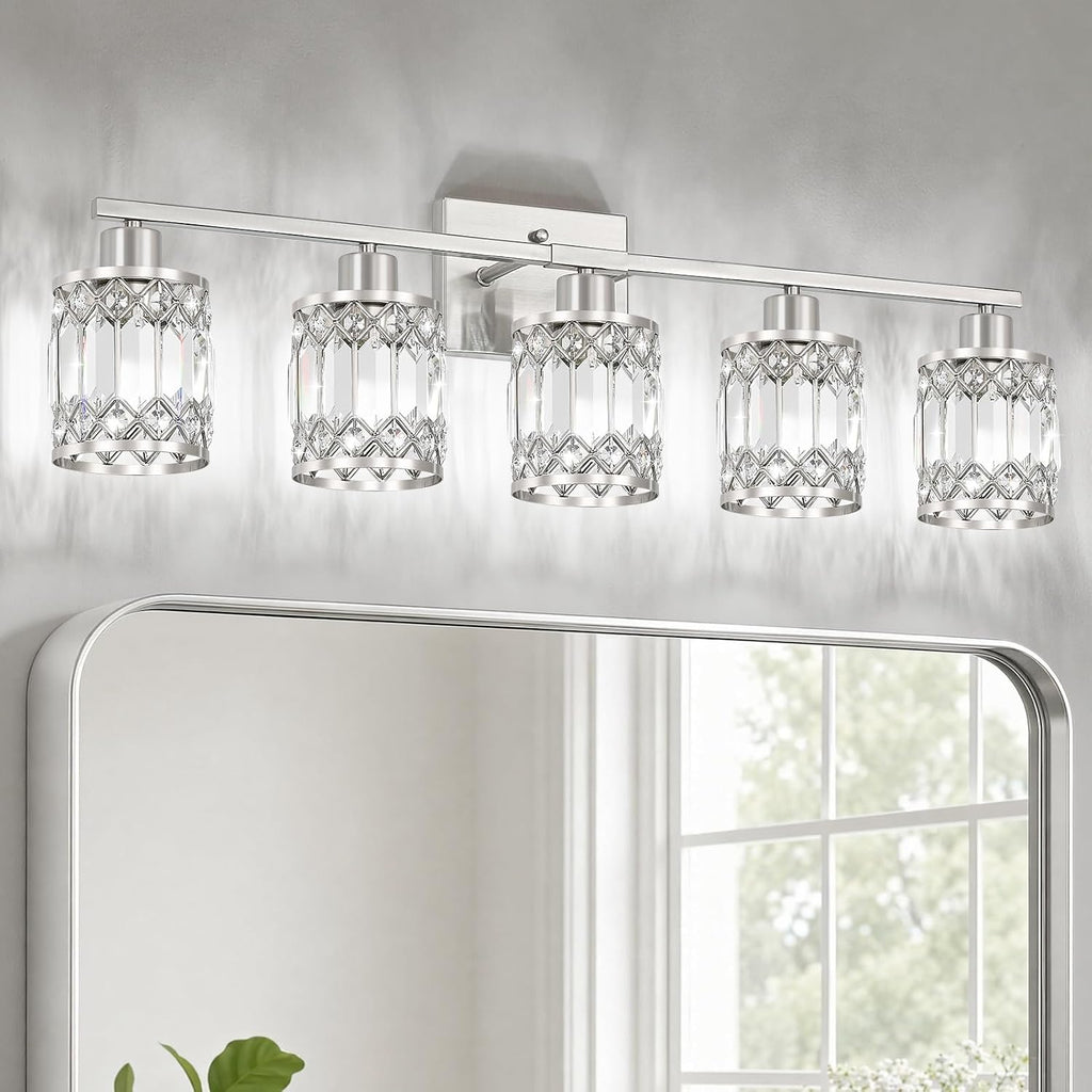 Crystal Modern Bathroom Light Fixtures, 5-Light Brushed Nickel Bathroom Vanity Wall Light, Vanity Lights for Mirror, Restroom, Bedroom (E26 Socket, Bulbs Not Included)