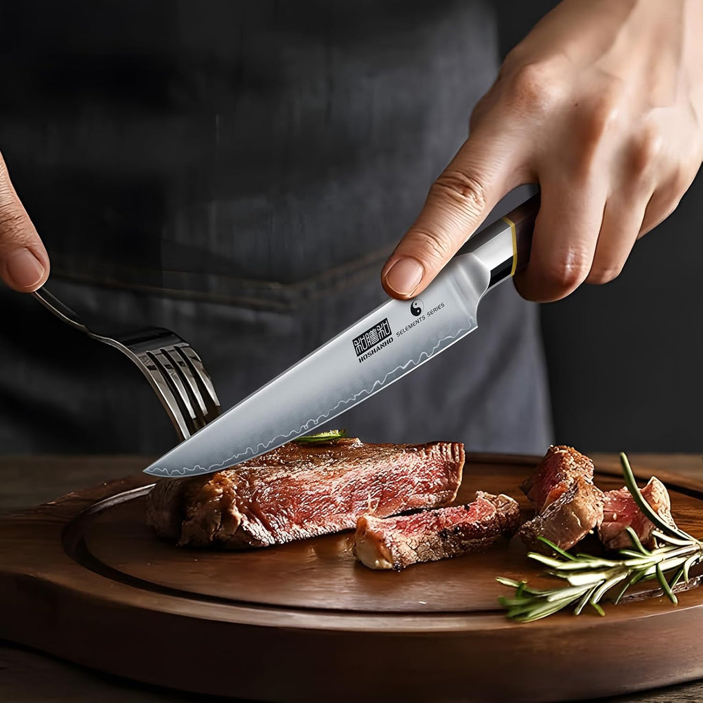 HOSHANHO Steak Knives Set of 6, Ultra Sharp 4.5 Inch Professional Non Serrated Steak Knife Set for Precise Cutting, Japanese High Carbon Steel Steak Knife with Ergonomic Handle