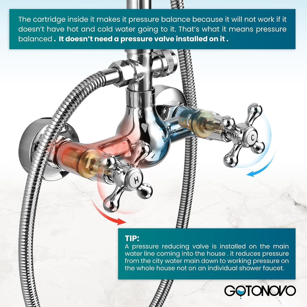 gotonovo Exposed Bathroom Shower Faucet Set Shower Fixture 8 Inch Rainfall Shower Head Handheld Shower Cross Handle Wall Mount 2 Functions Polished Chrome