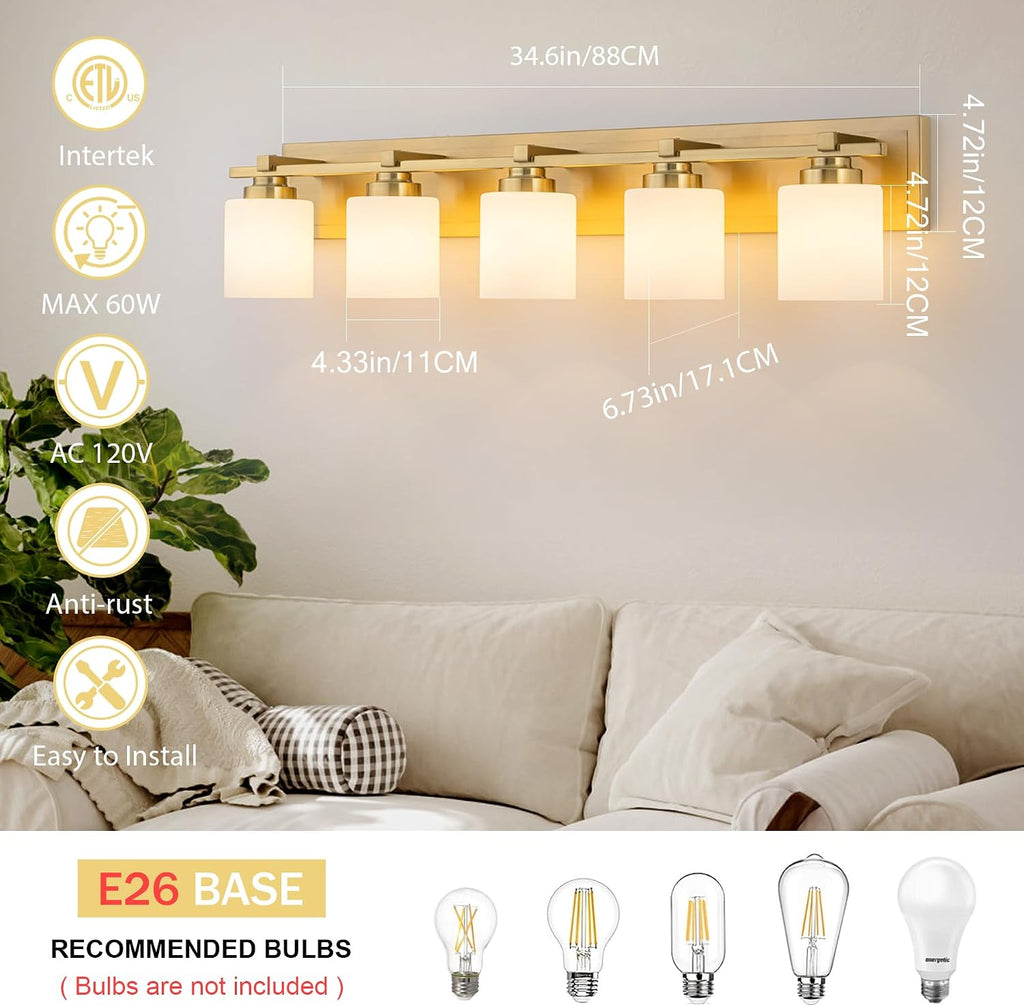 Modern Bathroom Light Fixtures Over Mirror, Vanity Lights for Bathroom Wall Sconces with Milky White Glass Shades, E26 Socket (Bulbs Not Included), 5 Light, Brass