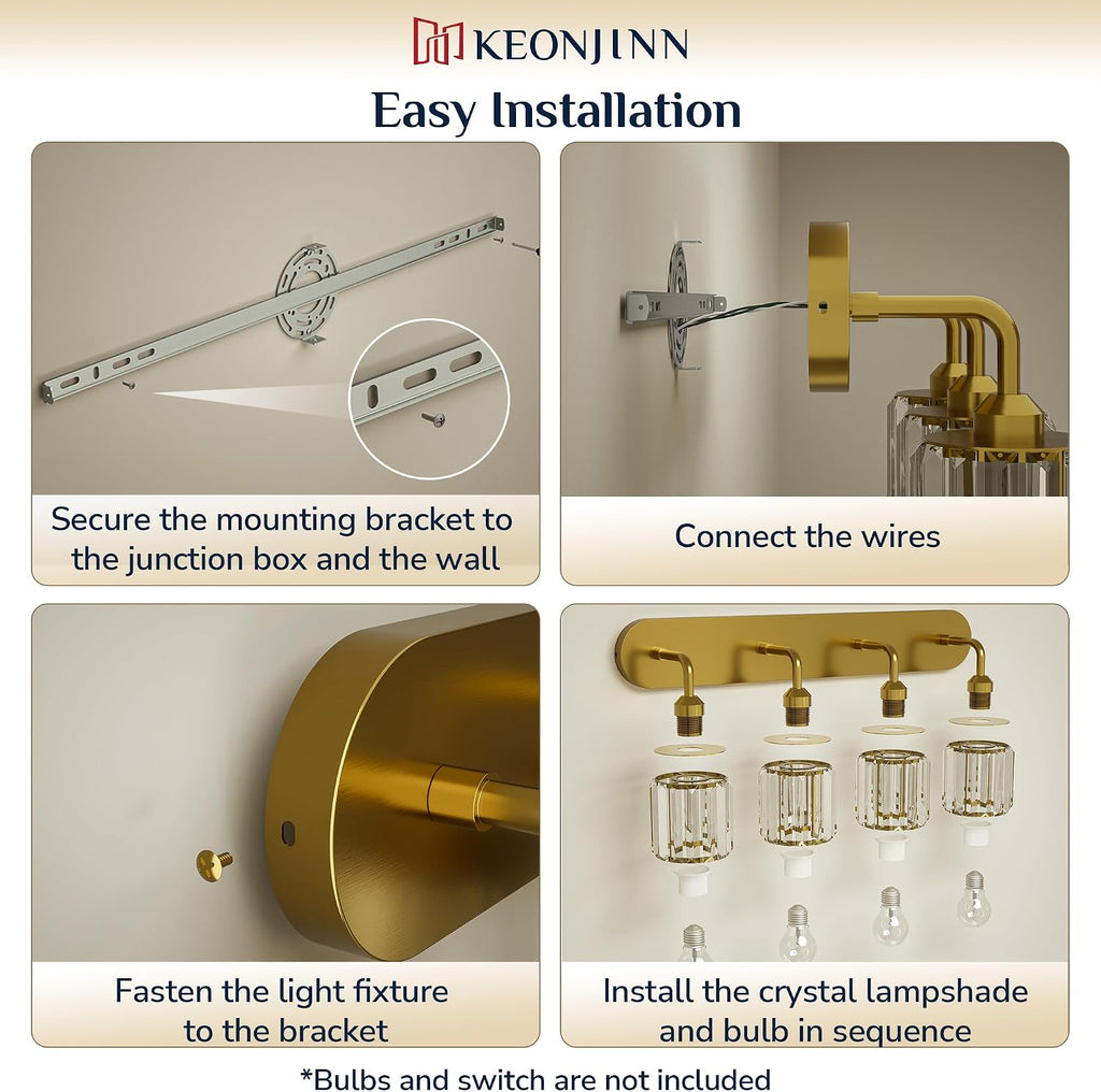 Keonjinn 4-Light Bathroom Light Fixtures, Crystal Gold Bathroom Vanity Lights Over Mirror, Vanity Lighting Fixtures with Crystal Square Shades (E26 Socket, Exclude Bulb)