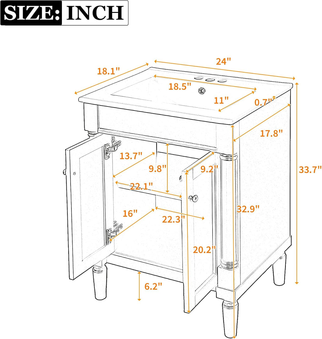 Virubi 24 Inch Bathroom Vanity with Single Sink Combo Set, Modern Bathroom Storage Cabinet with Double Soft Closing Doors, Solid Wood Frame Bathroom Vanities.