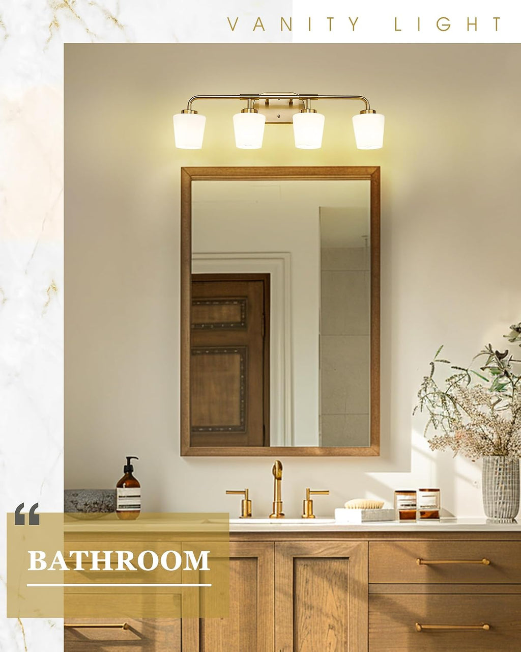 Bathroom Light Fixtures Over Mirror, 4-Light Brushed Gold Vanity Lighting Fixtures with Milk White Glass, Farmhouse Champagne Bronze Wall Sconces Lighting, AD-22004-4W-GD