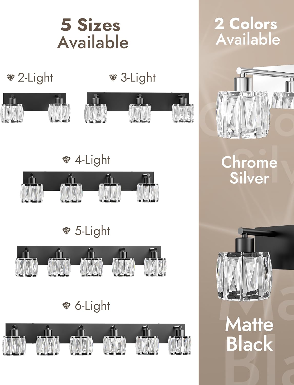 VOLISUN Crystal Vanity Lights for Bathrooms, 6 Light Bathroom Vanity Light, Modern Matte Black Bathroom Light Over Mirror, Black Bathrooms Lights Fixtures-UL Certificated(Exclude Bulb)