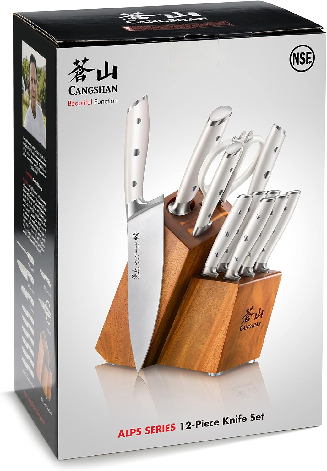 Cangshan Alps Series 1026665 German Steel Forged 12-Piece Knife Block Set, Acacia (White)