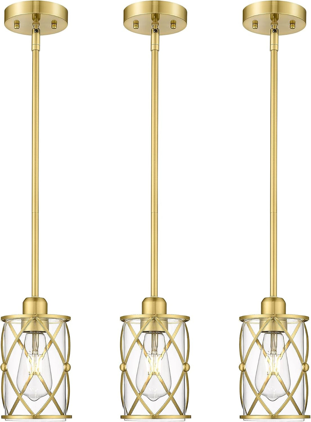 Brushed Gold Pendant Lights Kitchen Island 3 Pack, Glass Kitchen Pendant Lighting Over Island with Rod, Modern Mini Hanging Light for Kitchen Sink Dining Room, CH9176BG-3PK