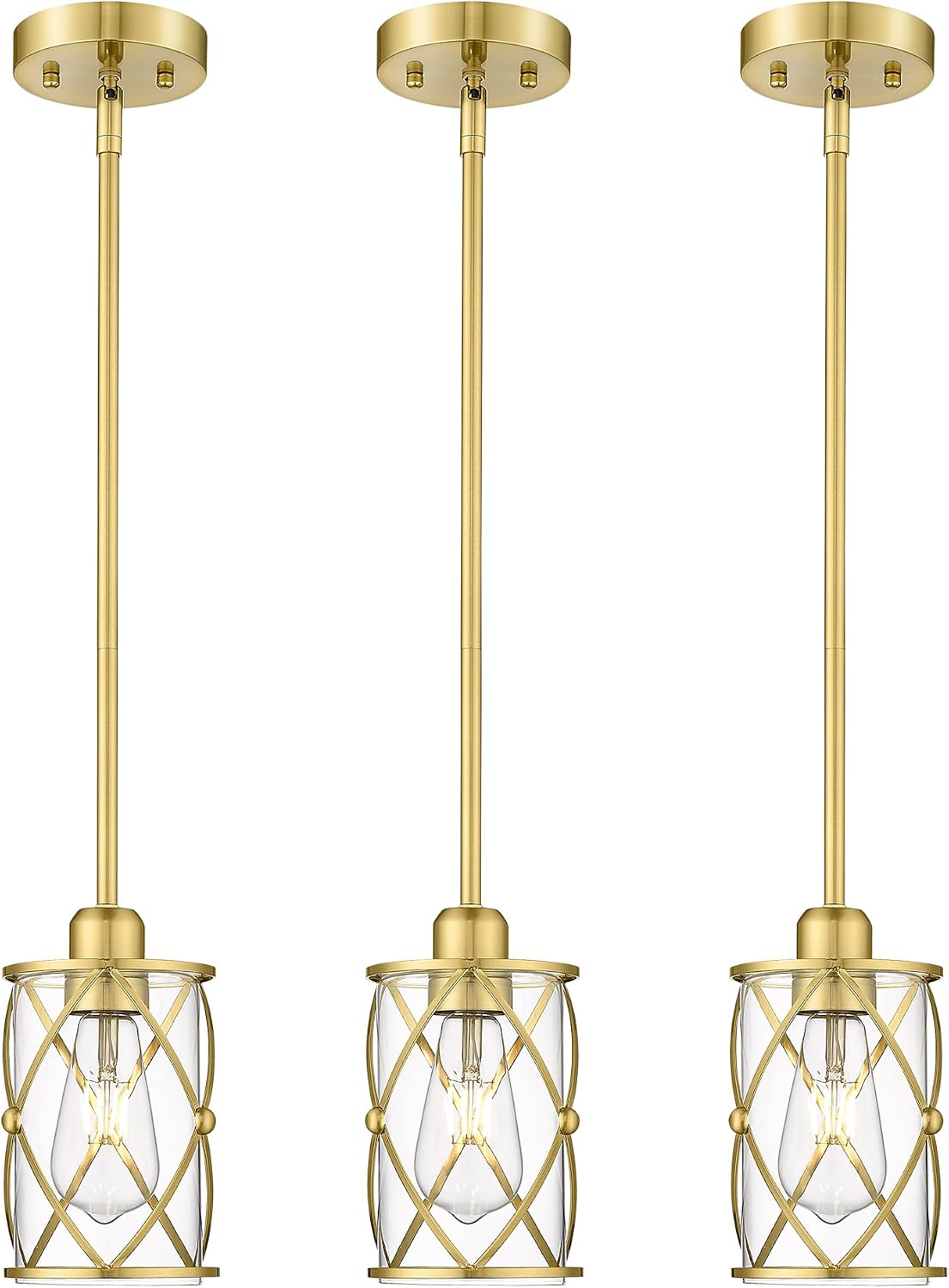 Brushed Gold Pendant Lights Kitchen Island 3 Pack, Glass Kitchen Pendant Lighting Over Island with Rod, Modern Mini Hanging Light for Kitchen Sink Dining Room, CH9176BG-3PK