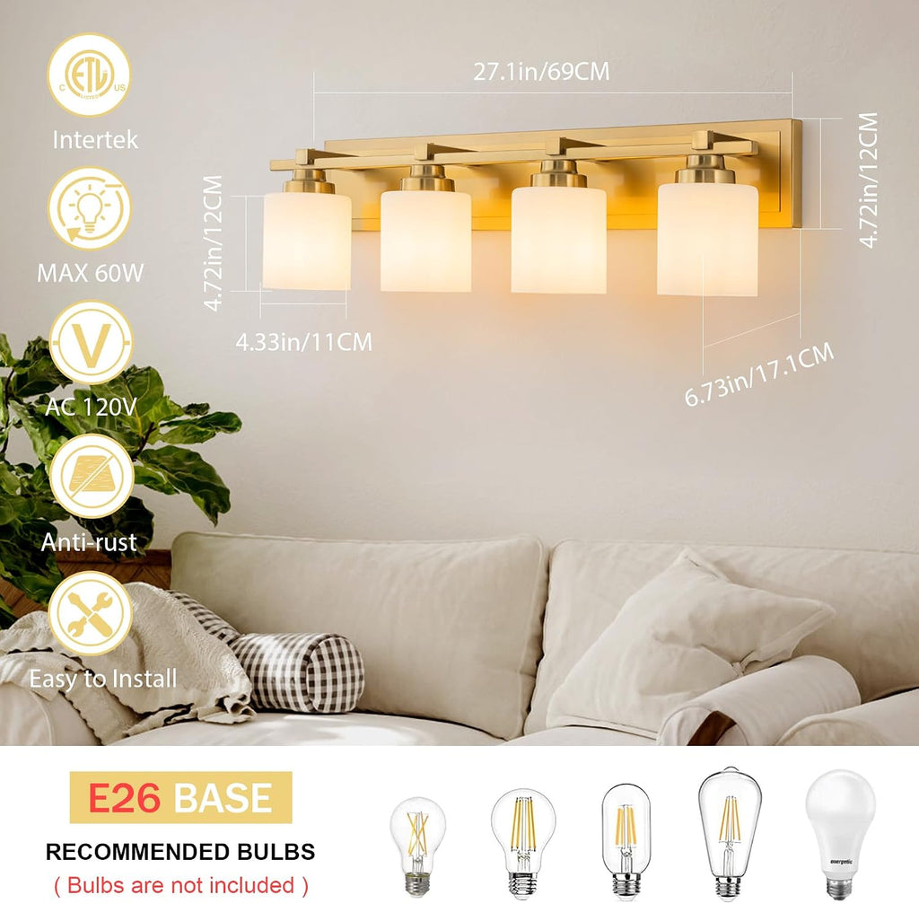 Modern Bathroom Light Fixtures Over Mirror, Vanity Lights for Bathroom Wall Sconces with Milky White Glass Shades, E26 Socket (Bulbs Not Included), 4 Light, Brass