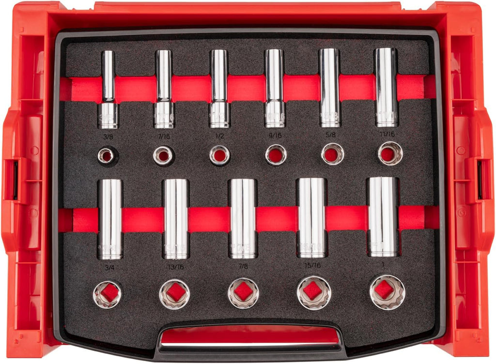 TEKTON 1/2 Inch Drive Shallow and Deep 12-Point Socket Set with Open Top Drawer and Rack, 22-Piece (3/8-1 in.) | SHD92705