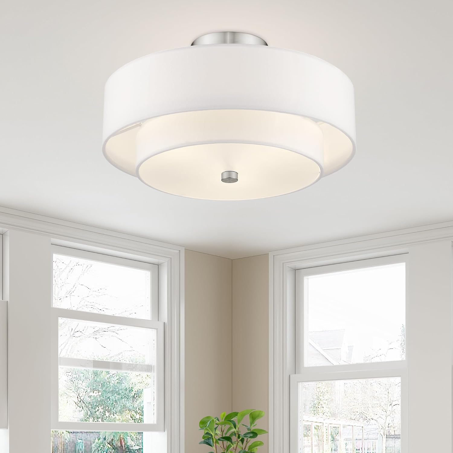 Livex Lighting 51044-91 Brushed Nickel Flush Mount with Off-White Fabric Hardback Shade