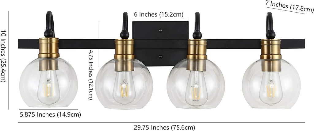 JONATHAN Y 29.75' Black/Brass Gold Vintage Wall Sconce, LED Vanity Light for Bathroom Bedroom Entryway, Clear Glass Globe Shade, Modern Industrial Arched Lamp, LED Bulb Included (JYL3529A)