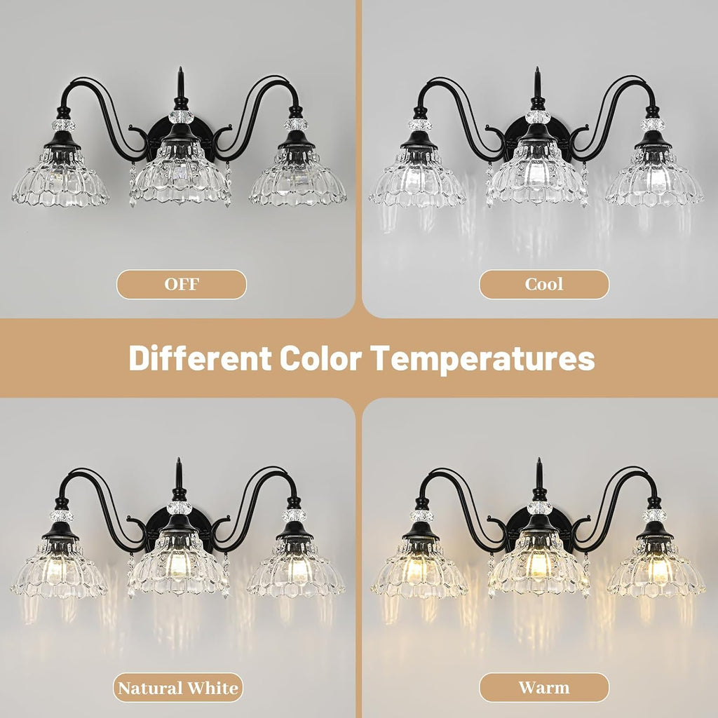 Black Bathroom Vanity Light, 3-Light Matte Black Finish Farmhouse Wall Sconce with Hanging Crystal Accents and Flower-Shaped Clear Glass Shades, Retro Wall Mount Vanity Light Over Mirror for Bathroom