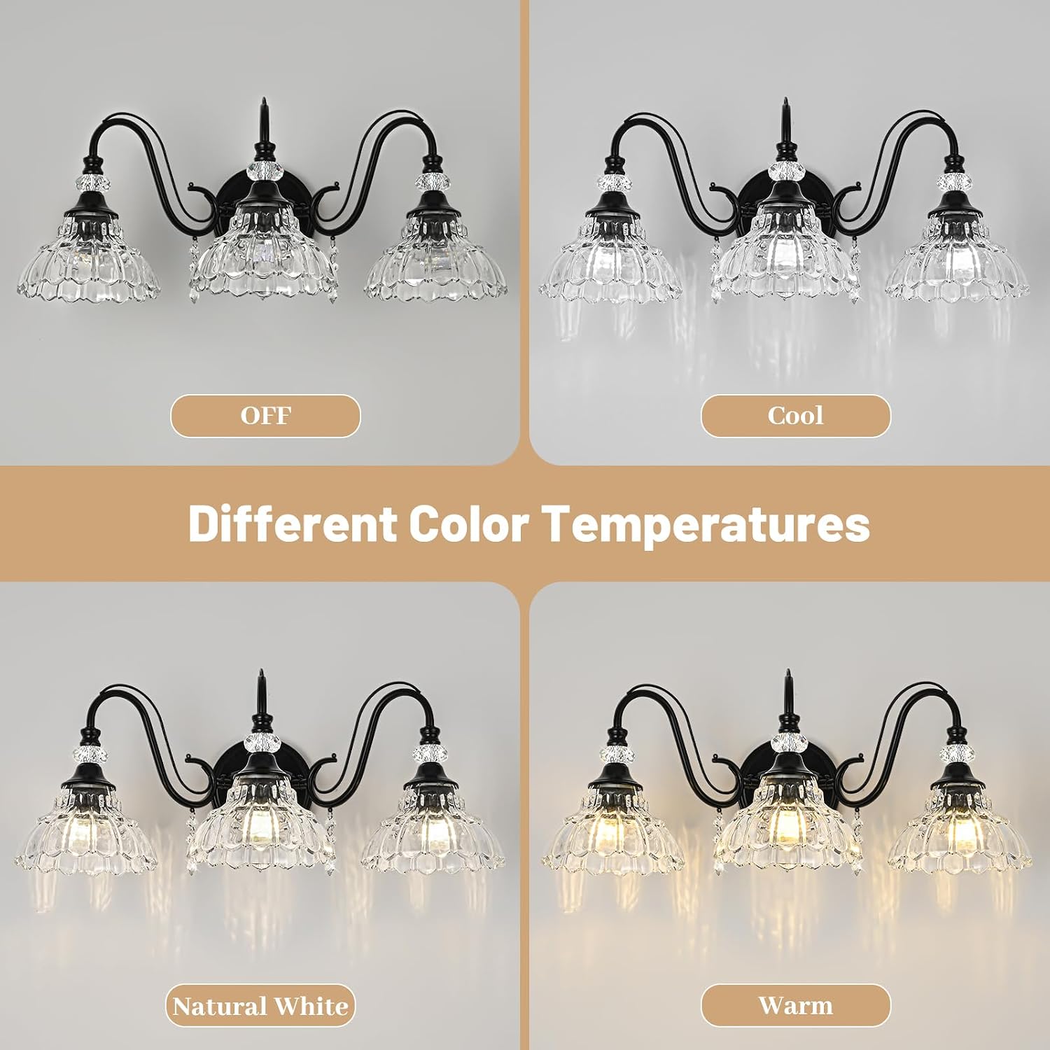 Black Bathroom Vanity Light, 3-Light Matte Black Finish Farmhouse Wall Sconce with Hanging Crystal Accents and Flower-Shaped Clear Glass Shades, Retro Wall Mount Vanity Light Over Mirror for Bathroom