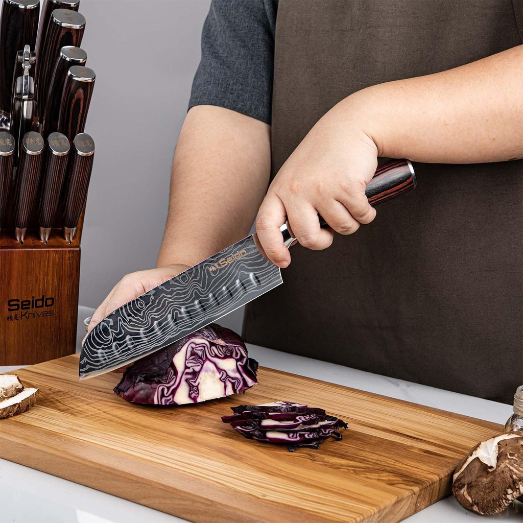 Seido Knives 5-Piece Damascus Master Chef Knife Set - Includes Gyuto, Santoku, Nakiri, Paring Knives - High-Carbon Stainless Steel Kitchen Knives