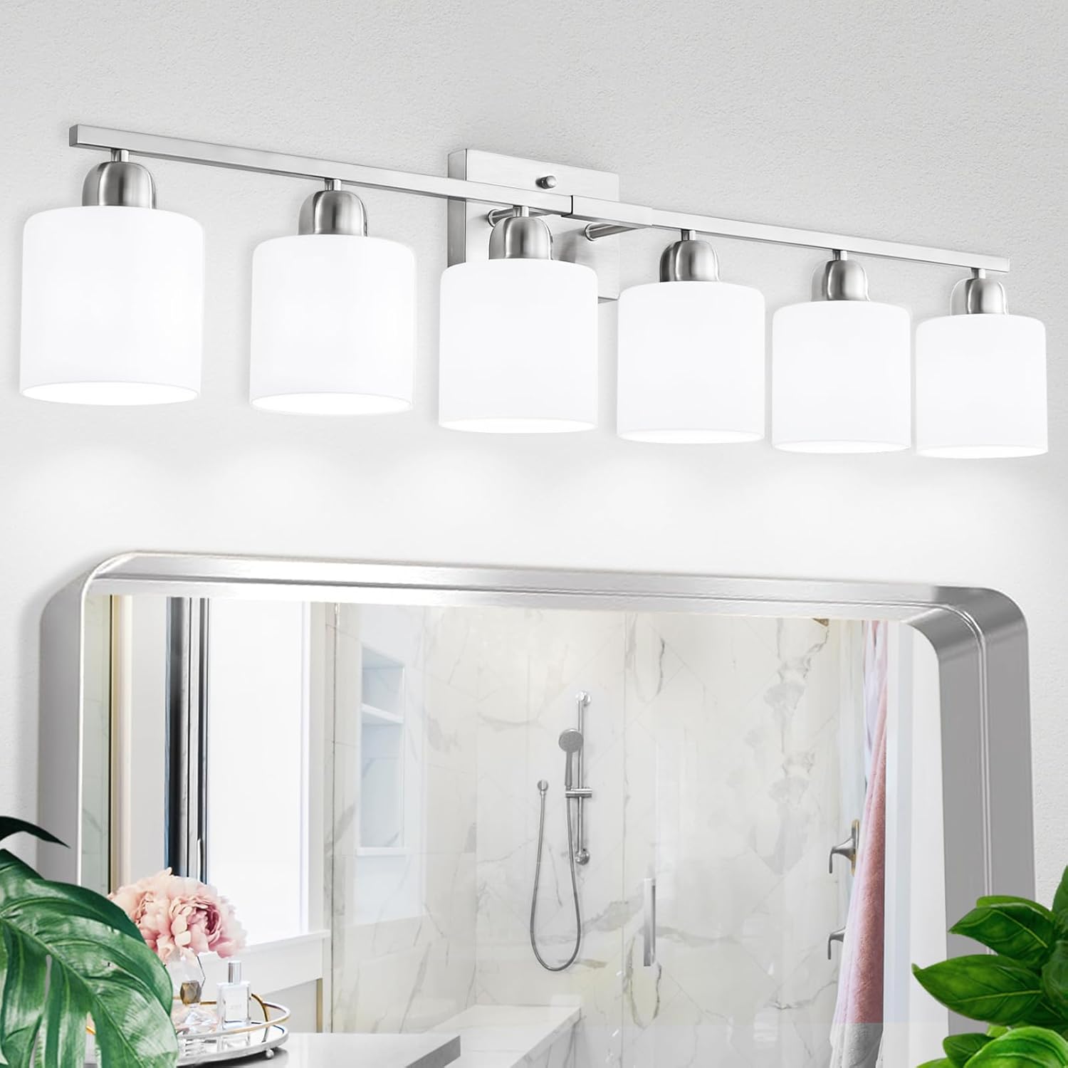 Large Bathroom Vanity Light Fixture, 6 Light Anti-Rust Finish with Milky White Frosted Glass Shades, 38 Inch Bath Light Above Mirror Light Fixture