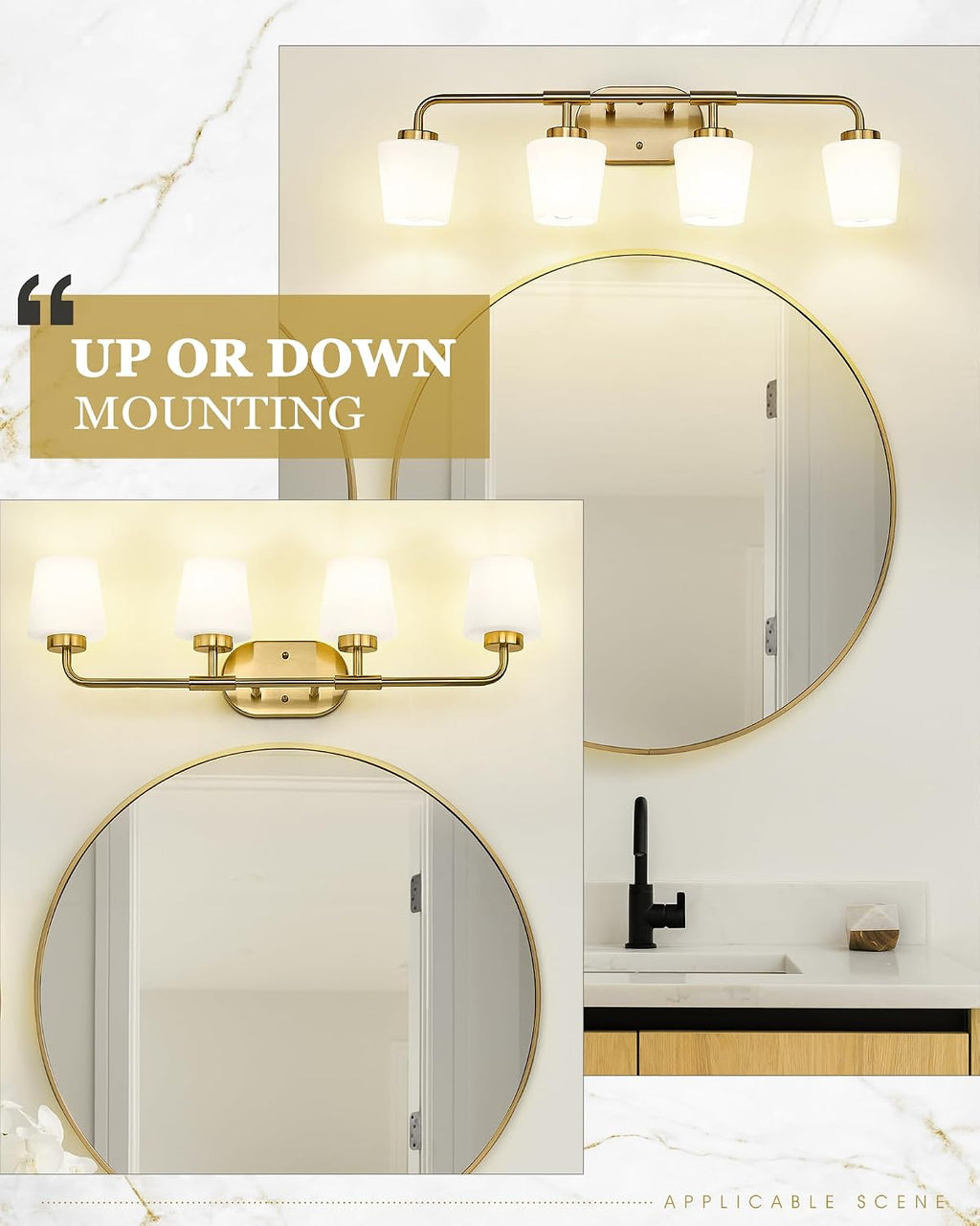 Bathroom Light Fixtures Over Mirror, 4-Light Brushed Gold Vanity Lighting Fixtures with Milk White Glass, Farmhouse Champagne Bronze Wall Sconces Lighting, AD-22004-4W-GD