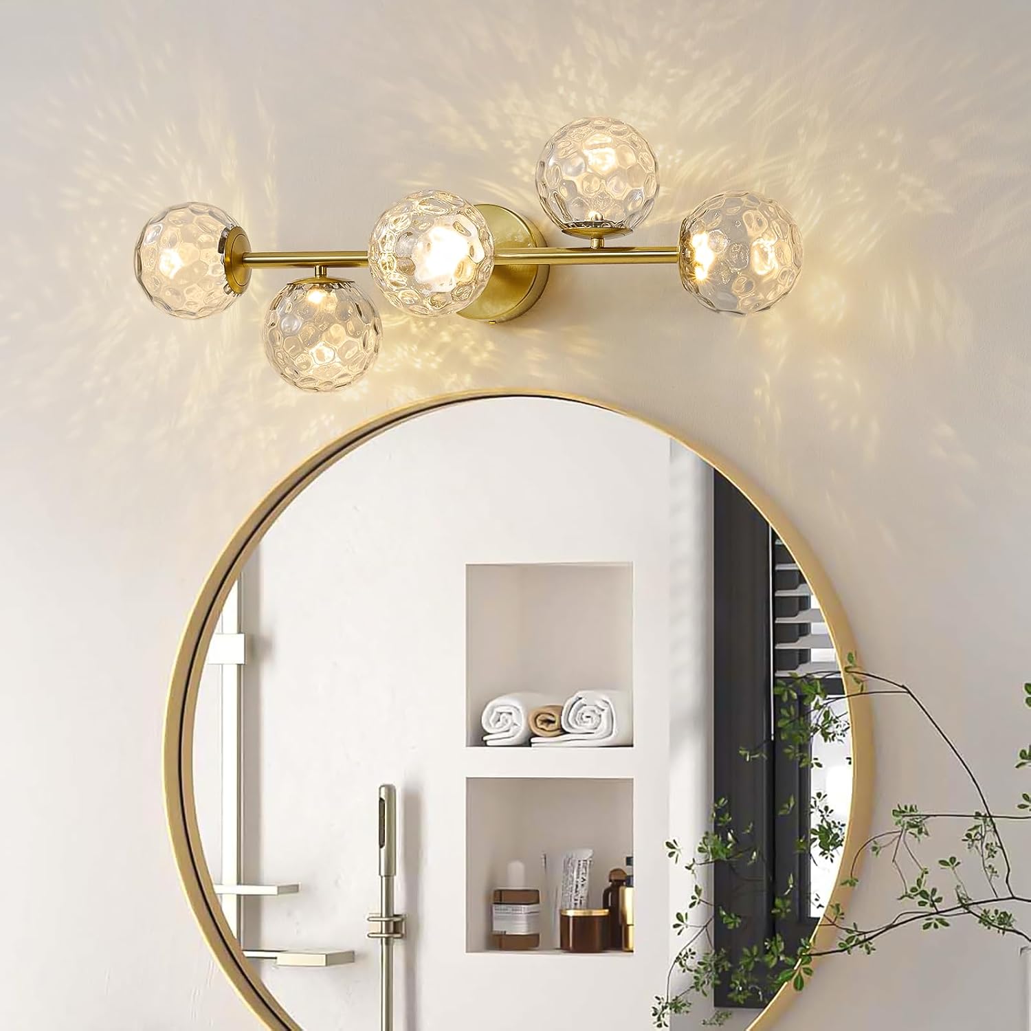 Gold Bathroom Vanity Light Fixtures: 5-Light Hammered Clear Glass Globe Light Fixture Bathroom Wall Sconce over Mirror - Mid Century Modern Gold Dimmable LED Brushed Brass Vanity Lighting Sconces