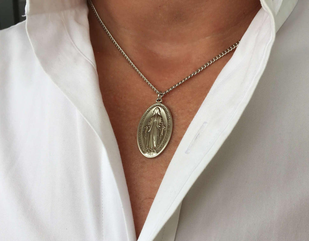Heartland Store Oval Sterling Silver Miraculous Medal Necklace for Men–Tarnish Resistant, Hand-Finished in USA, Thoughtful Religious Present for Holidays & Special Occasions with Various Chain Sizes
