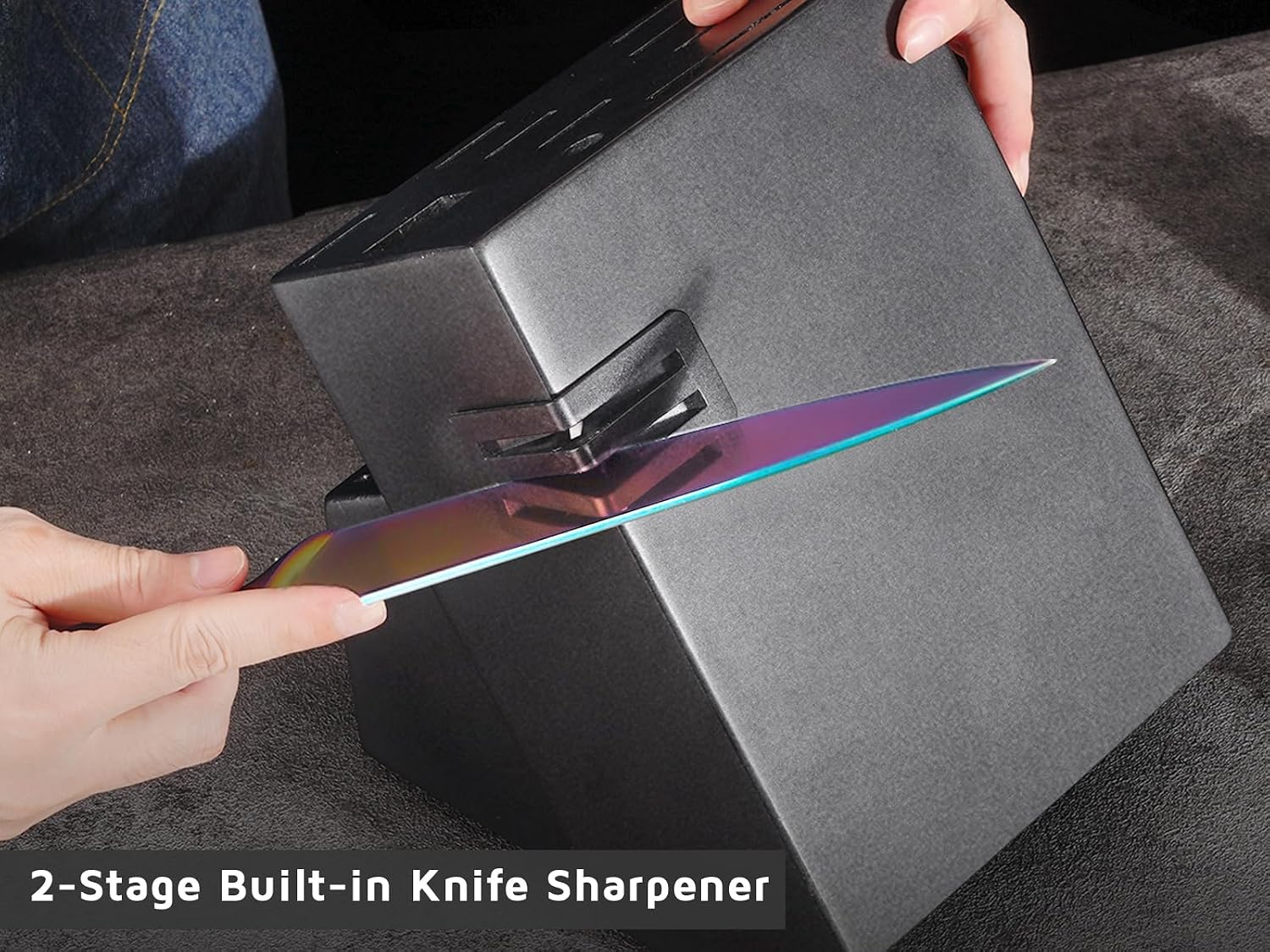 Rainbow Knife Block Set 27-Piece, Iridescent German Stainless Steel Kitchen Knives Set with Wooden Holder, Colorful Titanium Coating, Include Scissors and 2-Stage Built-in Sharpener and 8pcs Gadgets