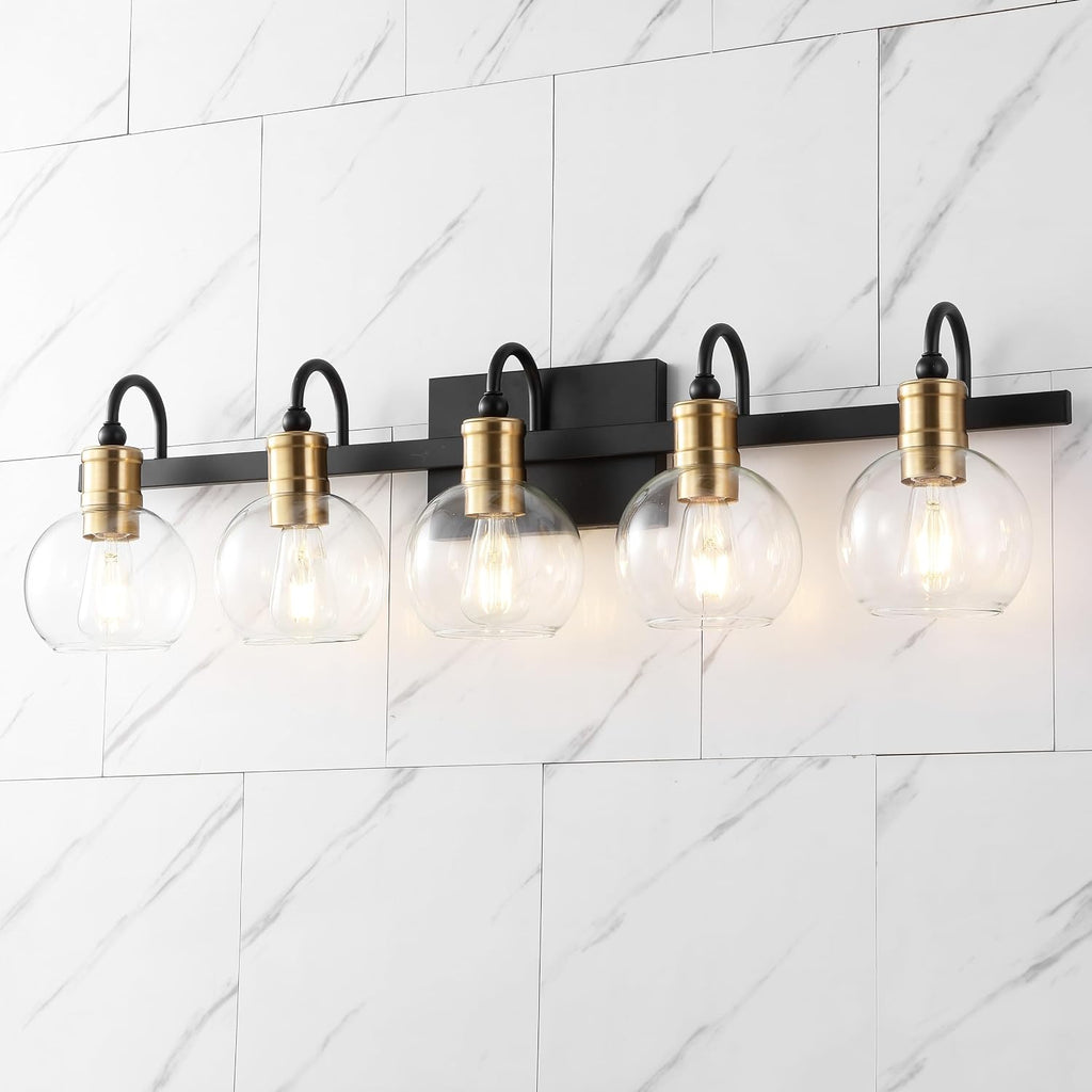 JONATHAN Y 36.5' Black/Brass Gold Vintage Wall Sconce, LED Vanity Light for Bathroom Bedroom Entryway, Clear Glass Globe Shade, Modern Industrial Arched Lamp, LED Bulb Included (JYL3556A)