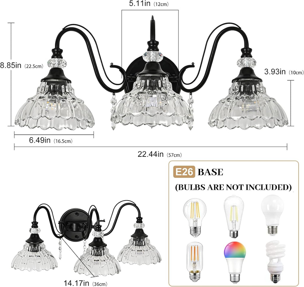 Black Bathroom Vanity Light, 3-Light Matte Black Finish Farmhouse Wall Sconce with Hanging Crystal Accents and Flower-Shaped Clear Glass Shades, Retro Wall Mount Vanity Light Over Mirror for Bathroom