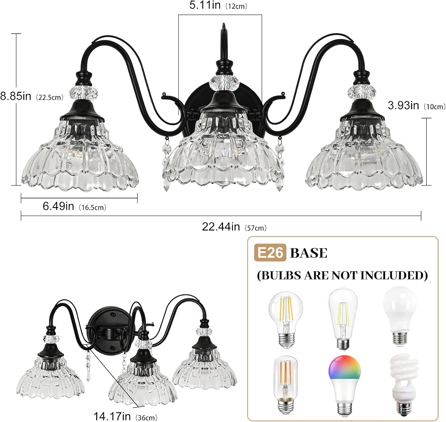 Black Bathroom Vanity Light, 3-Light Matte Black Finish Farmhouse Wall Sconce with Hanging Crystal Accents and Flower-Shaped Clear Glass Shades, Retro Wall Mount Vanity Light Over Mirror for Bathroom